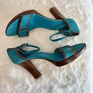 Nine West Strappy Block Heel Pumps Blue Suede Brown Stitching Size 8.5 M